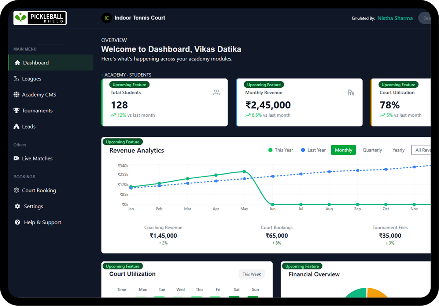 PickleballKhelo tournament management dashboard preview
